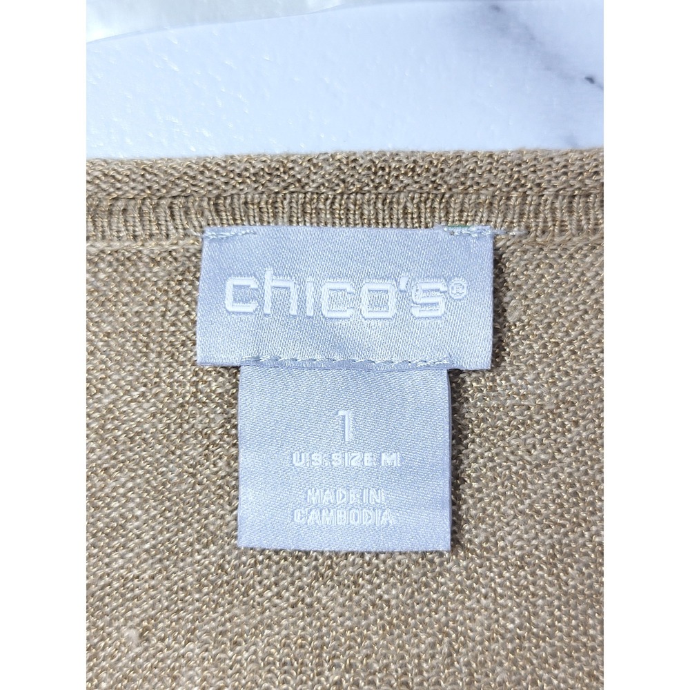 Chico's Tan Linen Blend Rolled V-Neck Long Sleeve Sweater Size 1=Medium Coastal - Picture 6 of 9